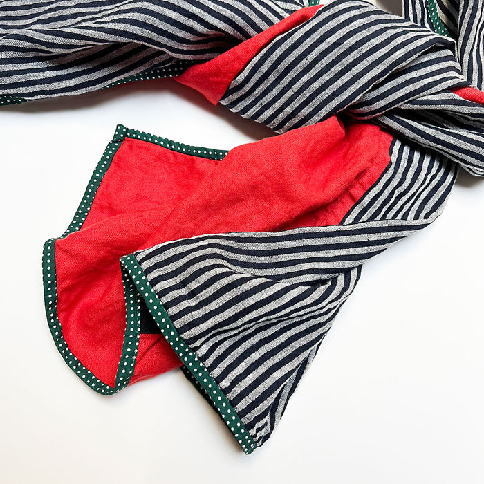 Red & Navy Stripe Wide Linen Scarf