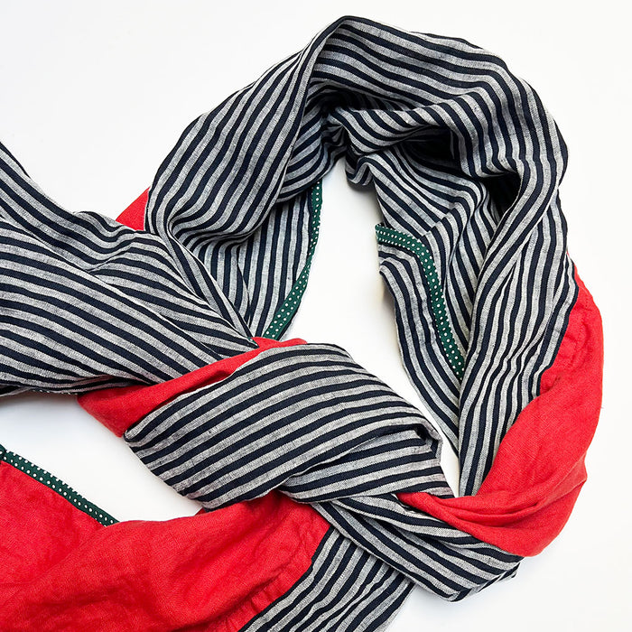 Red & Navy Stripe Wide Linen Scarf
