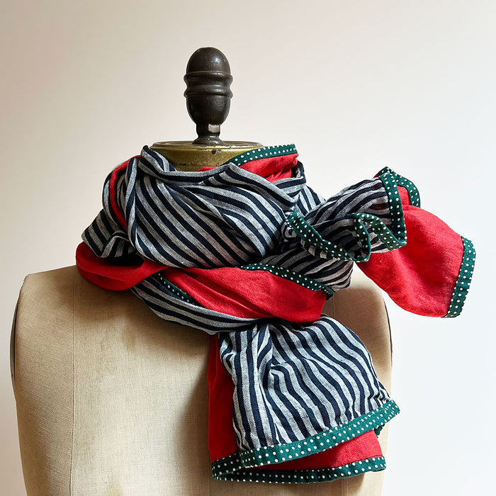 Red & Navy Stripe Wide Linen Scarf