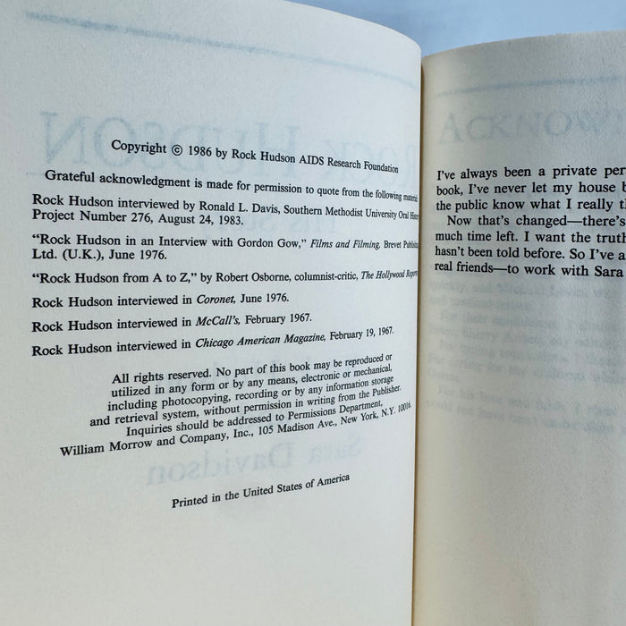 Rock Hudson: His Story — Rock Hudson & Sara Davidson (1986) Hardcover w/ Dust Jacket | Book Club Edition