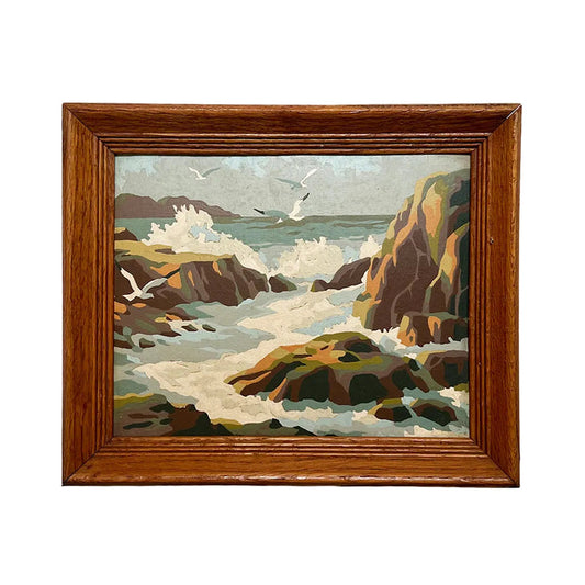 Rocky Beach with Seagulls - Original  Painting on Board in Wood Frame