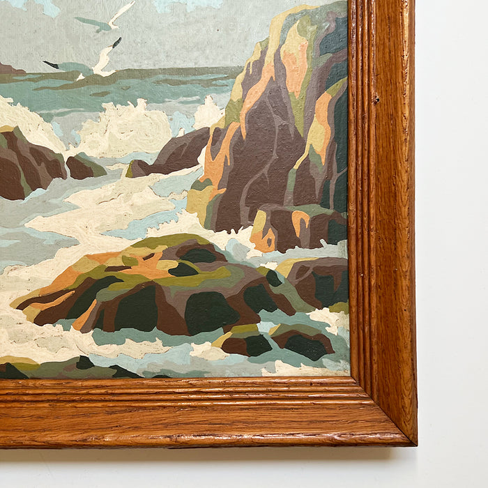 Rocky Beach with Seagulls - Original  Painting on Board in Wood Frame
