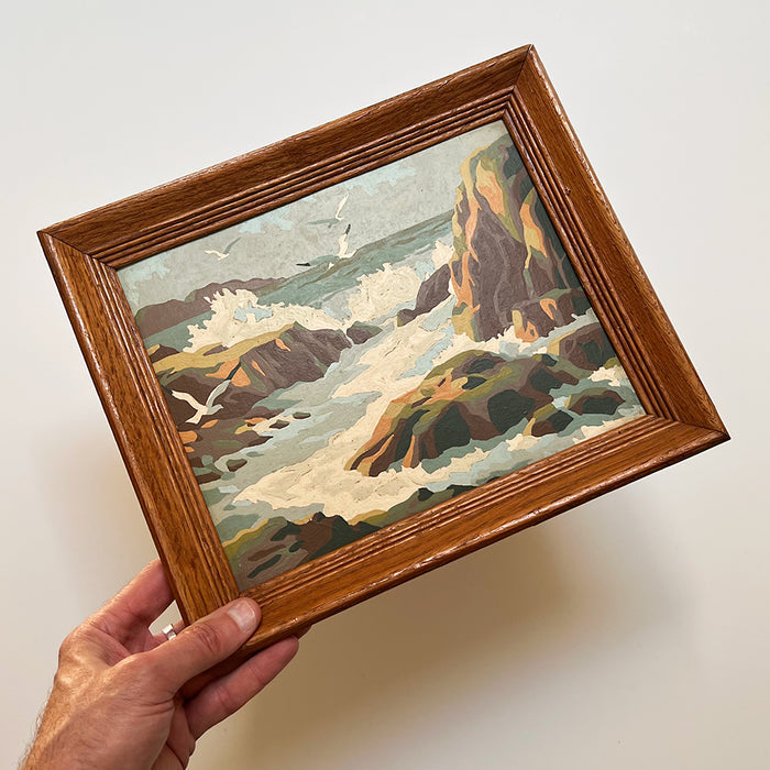 Rocky Beach with Seagulls - Original  Painting on Board in Wood Frame