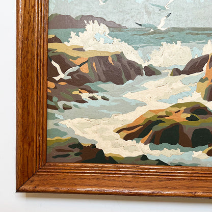 Rocky Beach with Seagulls - Original  Painting on Board in Wood Frame