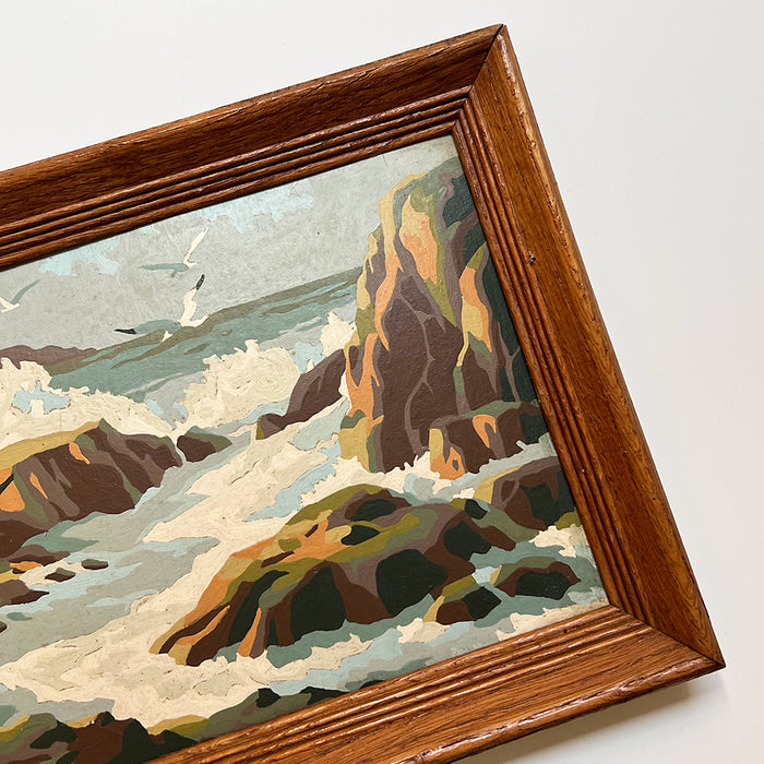 Rocky Beach with Seagulls - Original  Painting on Board in Wood Frame