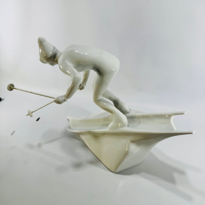 Royal Dux Bohemia Slalom Skier Figurine 1950s Jiří Černoch White Porcelain