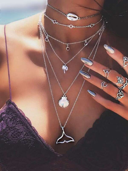 Shell & Fishtail Pendant Layered Chain Necklace for Women