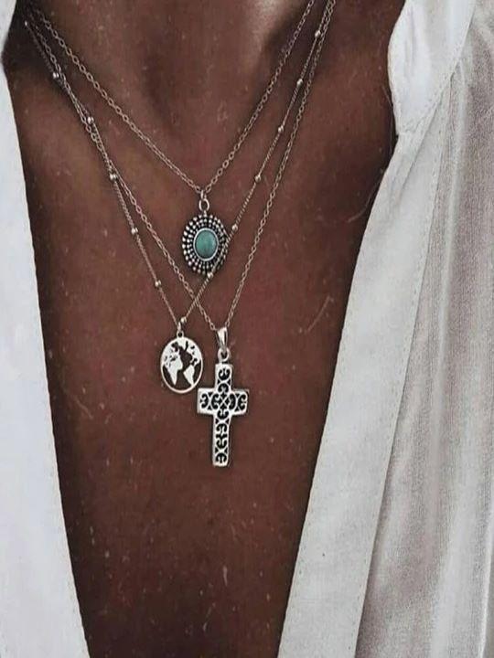 Three-Layer Necklace Personality Cross Turquoise World Map Pendant Necklace Charm Jewelry for Women