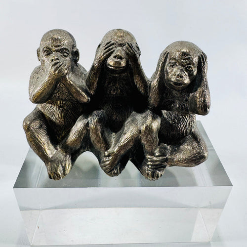 Three Wise Monkeys Figurine Antique Silver Tone See Hear Speak No Evil Desk Sculpture