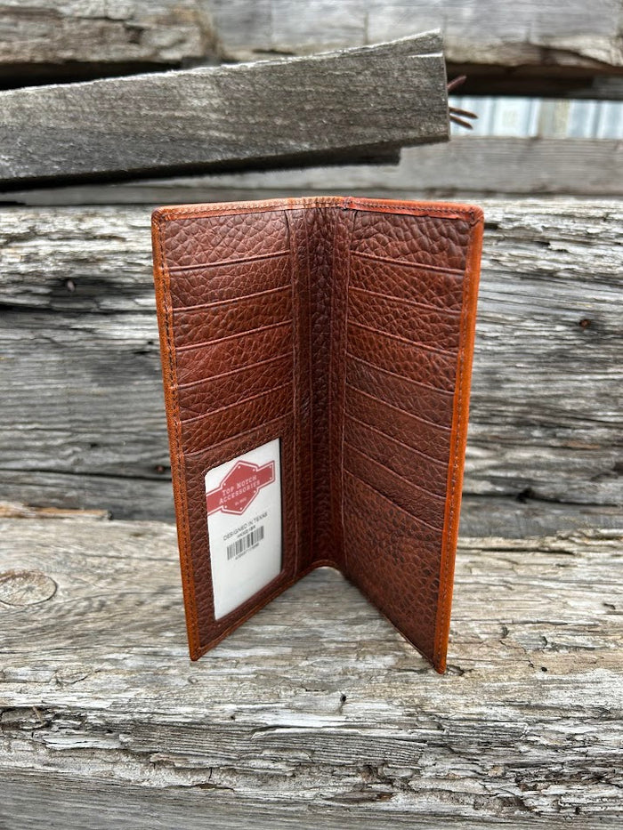 Brown basketweave leather tall wallet with Praying Cowboy Concho on  cowhide inlay. Inside view showing multiple card slots and a ID window.