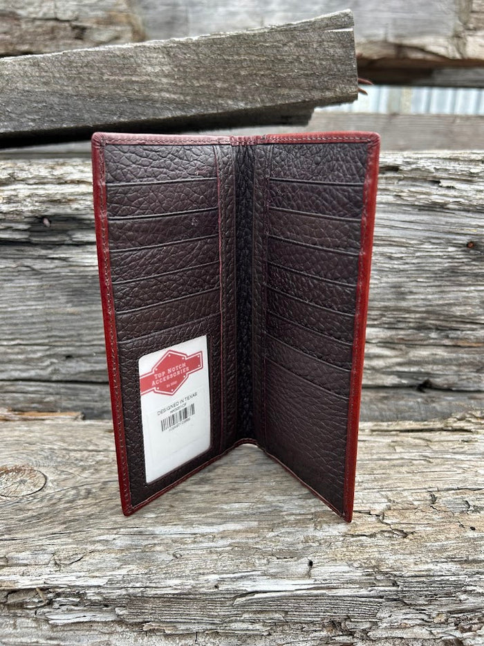 Coffee Brown basketweave leather wallet with a Praying Cowboy Concho on a cowhide inlay. Inside view showing ID window and multiple card slots.