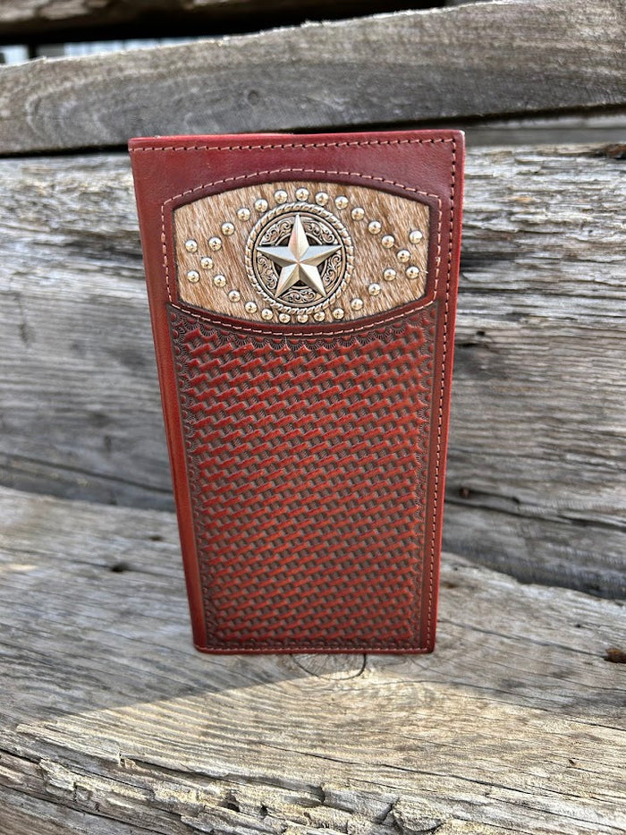 Coffee Brown basketweave leather tall wallet with a Star Concho on a cowhide inlay. Front View B