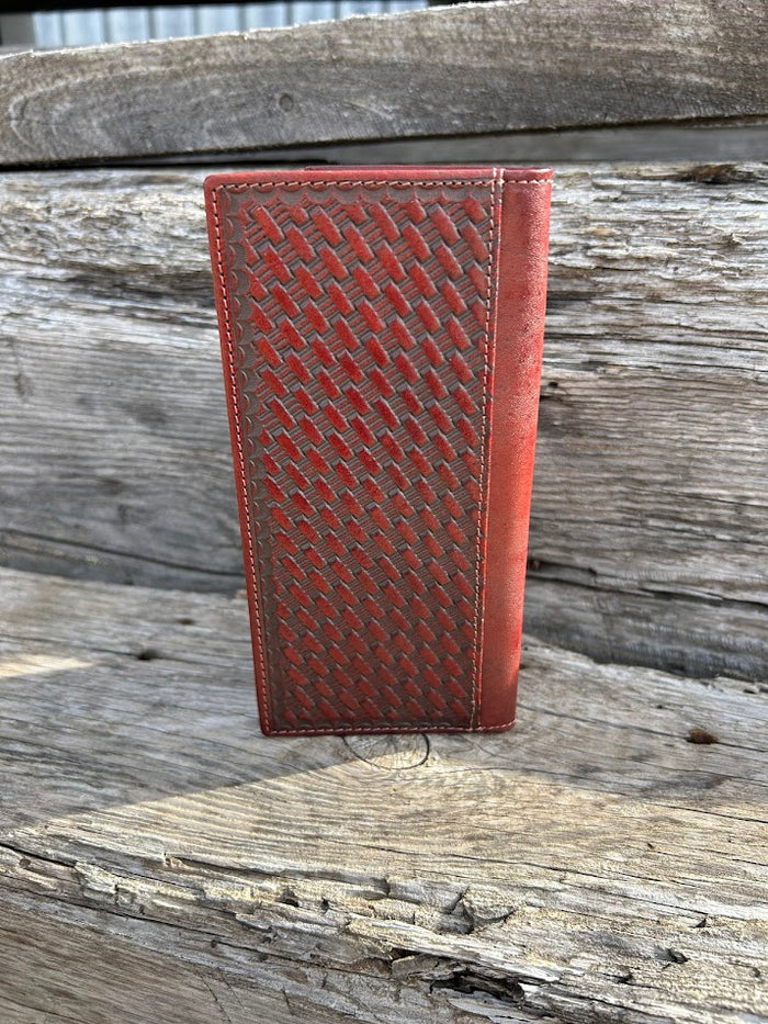 Coffee Brown basketweave leather tall wallet with a Star Concho on a cowhide inlay. Rear View