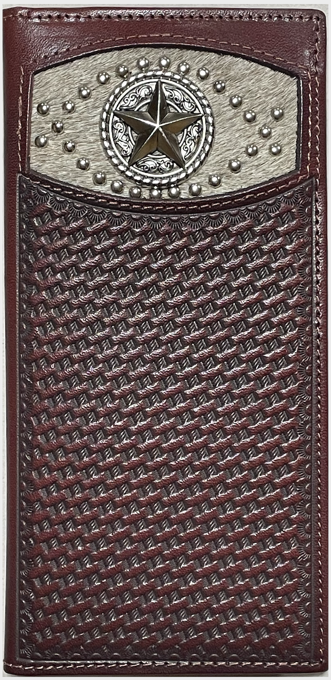 Coffee Brown basketweave leather tall wallet with a Star Concho on a cowhide inlay.