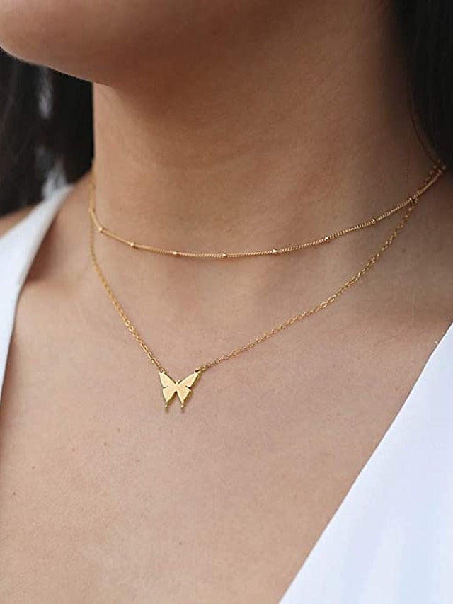 1PC Necklace  Layered Choker Necklace Handmade 14K Gold Plated Y Pendant Necklace Multilayer Bar Disc Necklace Adjustable Layering Choker Necklaces for Women for Women