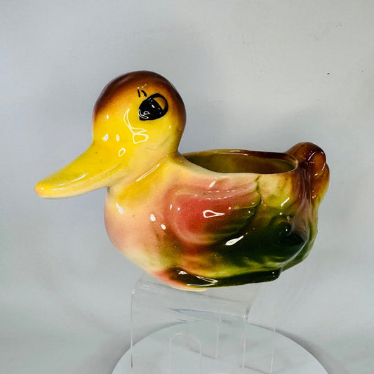 Vintage American Bisque Duck Planter 1940s–50s Big Eye Duckling, Hand-Painted Yellow Pink Green Ceramic, 6.5” Wide