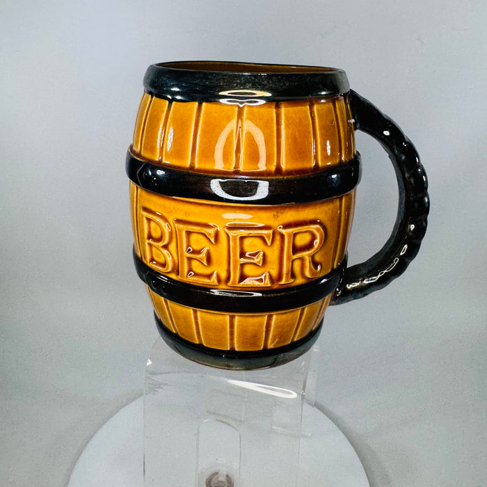 Vintage Barrel “BEER” Mug Tankard | Amber Brown Ceramic Barware (4.5x3)