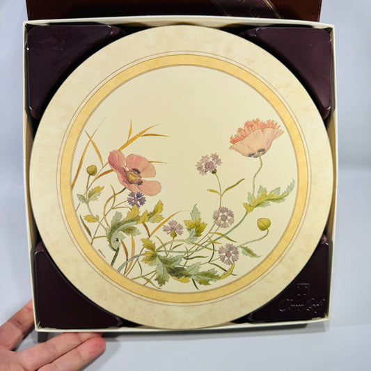 Vintage Clover Leaf boxed set of 6 round placemats with Minton wildflower and poppy floral design, cream background with gold border.