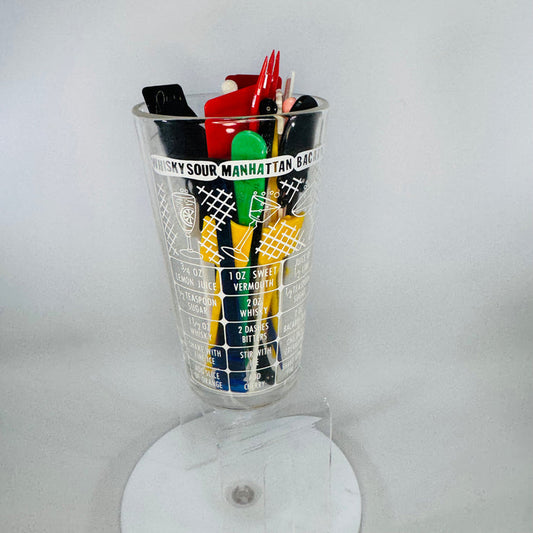 Vintage Cocktail Recipe Mixing Glass + 26 Swizzle Sticks | Mid-Century Barware