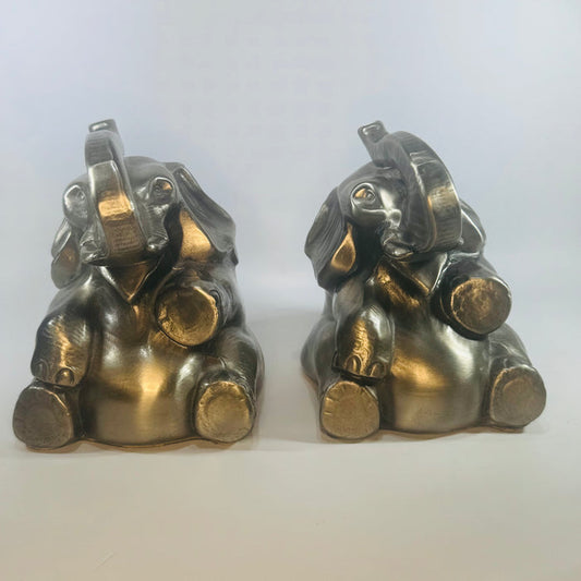 Vintage Elephant Bookends Pair PM Craftsman Philadelphia Manufacturing Pewter Finish Sitting Elephant Bookends Library Decor