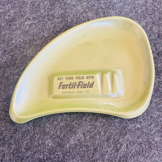 Vintage Fertil-Field Michigan Bean Co Advertising Ashtray | Green Boomerang Glass Tray | “Get Your Yield With” Farm Promo | 6x4