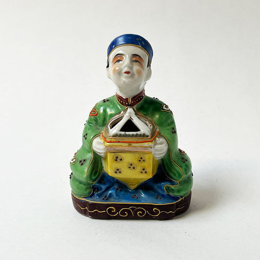 Vintage Figural Man with a Yellow Box Ceramic Incense Burner Made in Japan