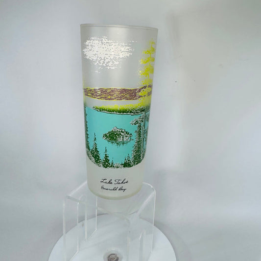 Vintage Libbey Lake Tahoe Emerald Bay Frosted Glass Tumbler 1970s, California Souvenir Barware, 6.5” Tall Scenic Print