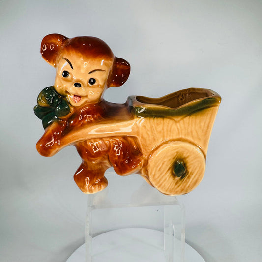 Vintage Monkey Wheelbarrow Planter | Brown & Green Ceramic Animal Vase