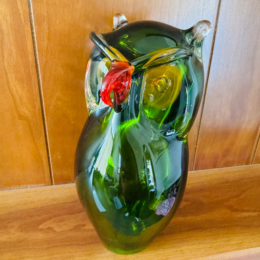 Vintage Murano Style Art Glass Owl, Handblown Green Owl Figurine, Mid Century Italian Glass, Bookshelf Library Decor