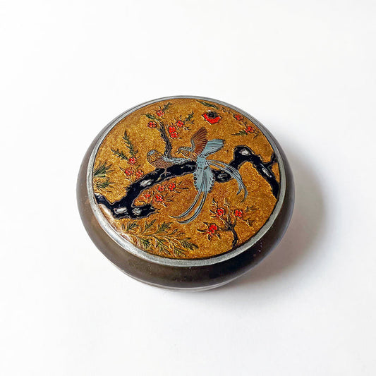 Vintage Round Brass Box with Enamel Decoration